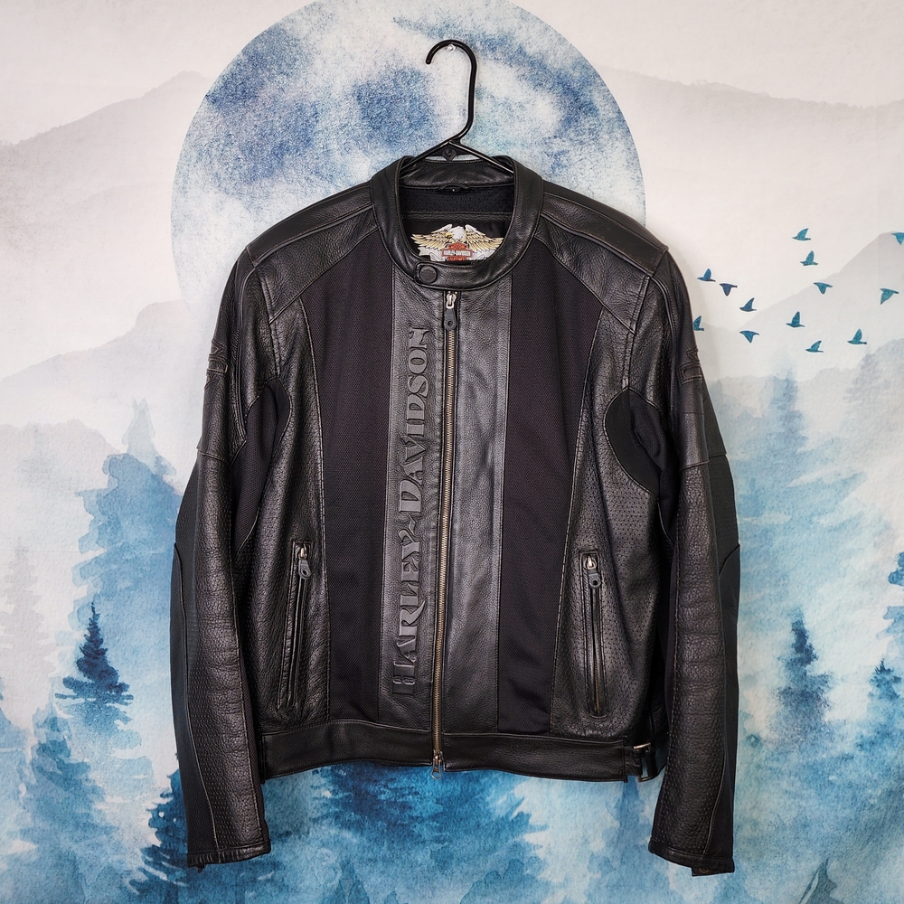 Y2K Harley Davidson Men's Leather Jacket Black Full Zip Large VTG
